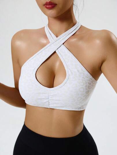 Dewbera Women's Leopard Print Jacquard Racerback Sports Bra