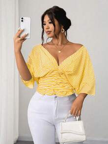 Elenzga Áo kiểu không tay kẻ sọc xanh dương cỡ lớn, thanh lịch - Màu vàng - Xem 1