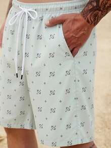 Manfinity RSRT Men's Letter Print Drawstring Waist Pocket Casual Versatile Daily Wear & Beach Shorts - Mist Green - View 5