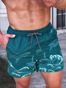 Manfinity Swimmode 男士休闲鲸鱼印花抽绳腰沙滩短裤，夏季 - 青碧色 - 查看 5