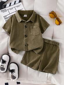 SHEIN Genkimix Kids 2026春夏新款时尚柔软舒适弹力面料，夏季旅行必备，男童绿色休闲宽松两件套 - 短袖衬衫和外套，户外街头风 - 綠色 - 查看 3