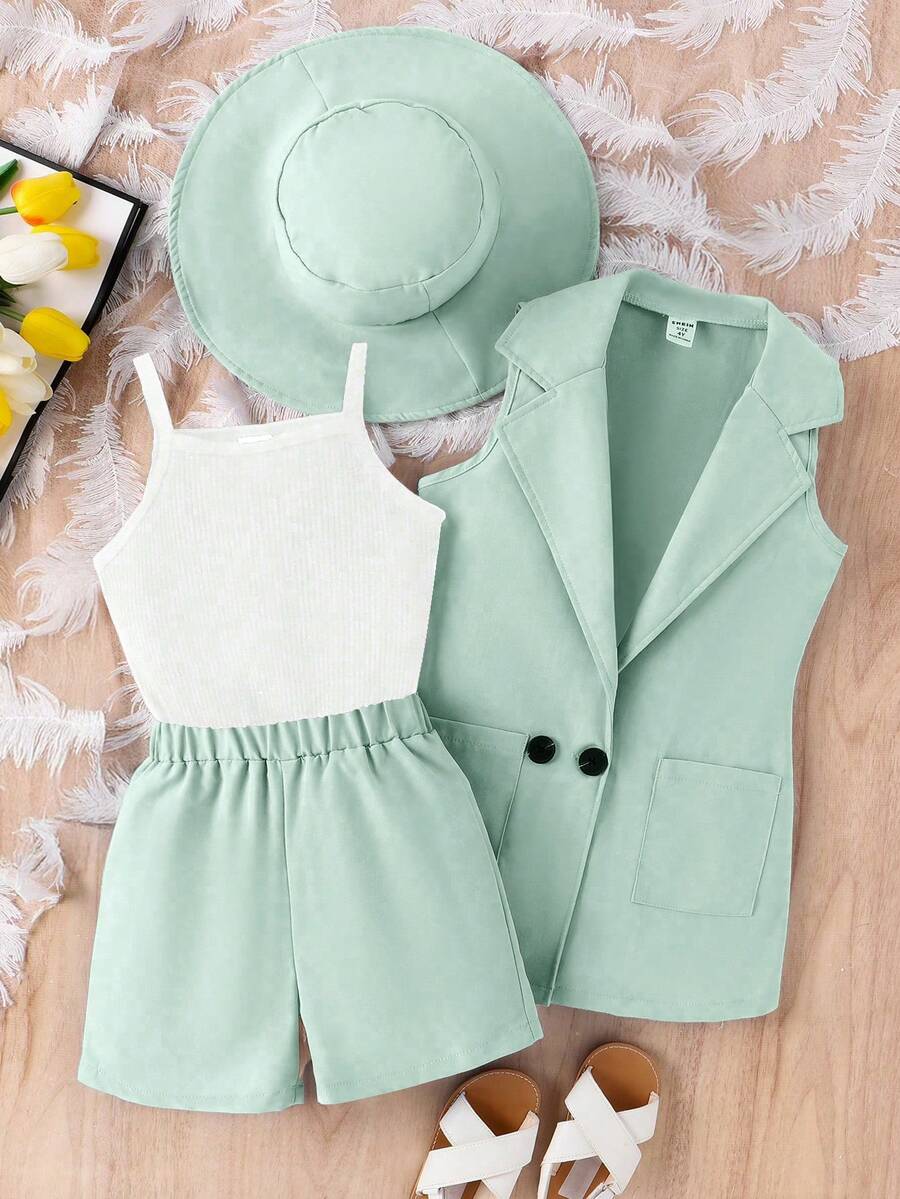 SHEIN Elladie kids Bộ 3 món cho bé gái (size nhỏ): Áo hai dây gân đen, áo khoác không tay, quần short và mũ, trang phục công sở thường ngày cho trẻ em. - màu xanh lá - Xem 1