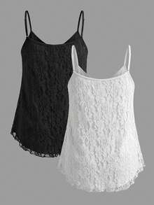 SHEIN EZwear 两件套蕾丝吊带背心（带衬里），休闲百搭，大码，适合音乐节和度假，黑白配色 - 黑與白 - 查看 2