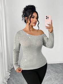 Elenzga Lenzga Women's Plus Size Asymmetrical Shoulder Long Sleeve Cinched Waist Casual Blouse, Elegant Faux Pearl Decor, Luxury Party Wear - Grey - View 3