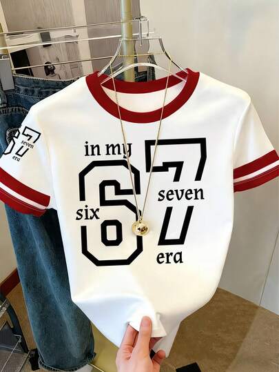 1pc Young Girl Multicolor Regular Short Sleeve Round Neck Printed 67 Six Seven Polyester T-Shirt, Paired With Contrast Color Trim. Cute T-Shirt Outfit Suitable For Girls, Graphic Tee