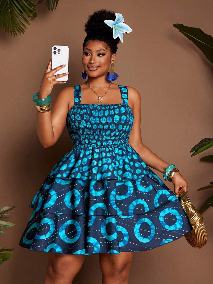 Maweii Plus Size Women's Navy Blue Summer Boho Vacation Holiday Dress,Abstract Striped Print,Adjustable Spaghetti Strap,Front&Back Drawstring Waist,Ruffle - Multicolor - View 1