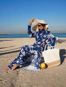 Swim Shayni 3pcs Women's Spring/Summer Swimsuit Set: Round Neck Long Sleeve Top, Casual Pants, And Coverup. Conservative Beach Party Vacation Modest Burkini Swimwear Set - Royal Blue - View 3