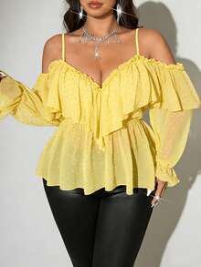 Viva Relle Blusa casual versátil de uso diario con hombros descubiertos y volantes en unicolor para mujer de talla grande - Amarillo claro - Ver 3