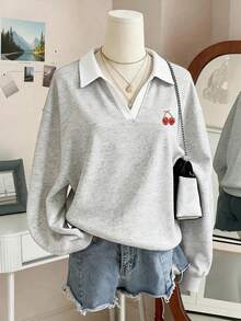 INAWLY 女士樱花刺绣撞色落肩长袖休闲宽松卫衣 - 淺灰色 - 查看 3