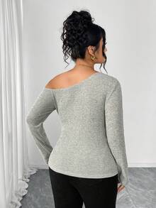 Elenzga Lenzga Women's Plus Size Asymmetrical Shoulder Long Sleeve Cinched Waist Casual Blouse, Elegant Faux Pearl Decor, Luxury Party Wear - Grey - View 2