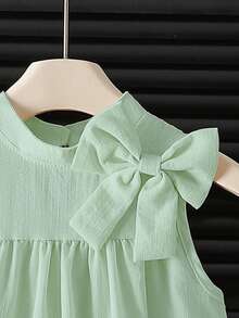 Elladie kids 女童休闲宽松纯色无袖连衣裙，优雅度假风 - 綠色 - 查看 5