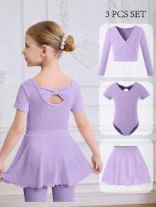 少女粉色三件套舞蹈服，高弹亲肤，芭蕾舞裙，适合日常穿着、春夏、舞蹈训练和运动穿着。 - 紫色 - 查看 1