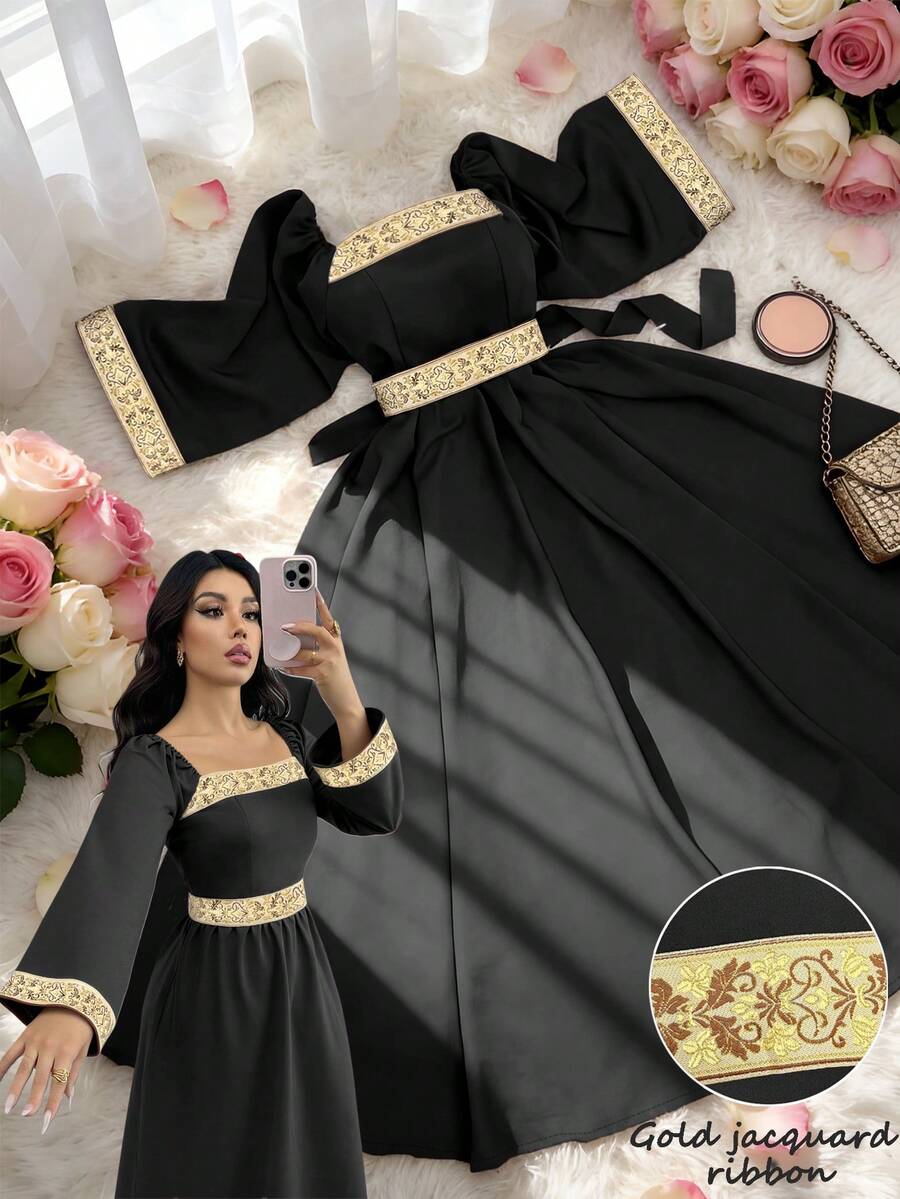 Lyxana Brown Square Collar Woven Belt Wrap Elegant Dress For Women - Black - View 1