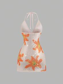 Sweetra 女士春夏花卉串珠吊带系带迷你连衣裙，简约百搭，性感海滩度假风 - 杏色 - 查看 2