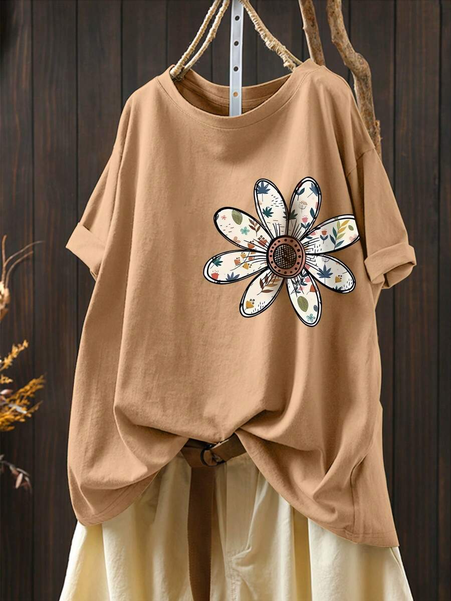 EMERY ROSE Plus Size Women Floral Print T-Shirt, Casual Versatile Outdoor Daily Wear, High-End Design, Suitable For Outing, Shopping, Travel - Brown - View 1