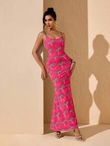 JIAN LASALA Multi Tropical Print Mesh Spaghetti Straps Women Sleeveless Long Dress Summer Vacation Casual - Hot Pink - View 1
