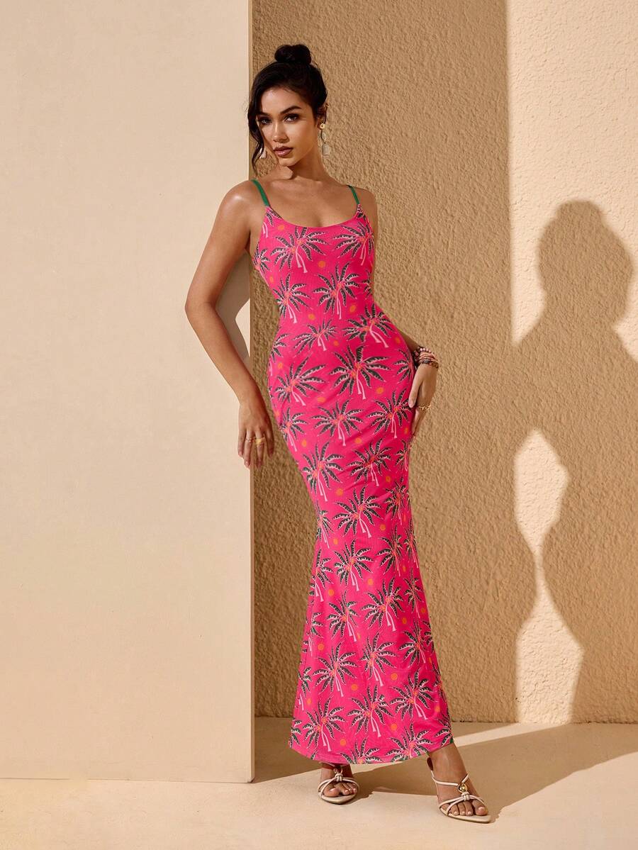 JIAN LASALA Multi Tropical Print Mesh Spaghetti Straps Women Sleeveless Long Dress Summer Vacation Casual - Hot Pink - View 1