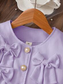 Young Girl Puff Sleeve Jacket With 3D Bow Decor, Paired With Sleeveless Dress, Elegant For Daily, Work, Party - Mauve Purple - View 9