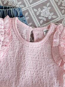 SHEIN Bộ áo jacquard và quần jean thêu dễ thương cho bé gái, trang phục mùa hè cho bé gái. - Hồng - Xem 5