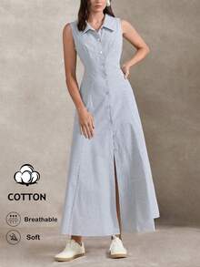 Briarwyn 女士条纹单排扣无袖休闲长款衬衫裙，夏季女装，春季女装，夏季度假装，情人节装，圣帕特里克节女装，海滩度假装，外出装，情人节礼服，婚礼奢华晚礼服，女士休闲连衣裙，女士正式礼服 - 藍白色 - 查看 3