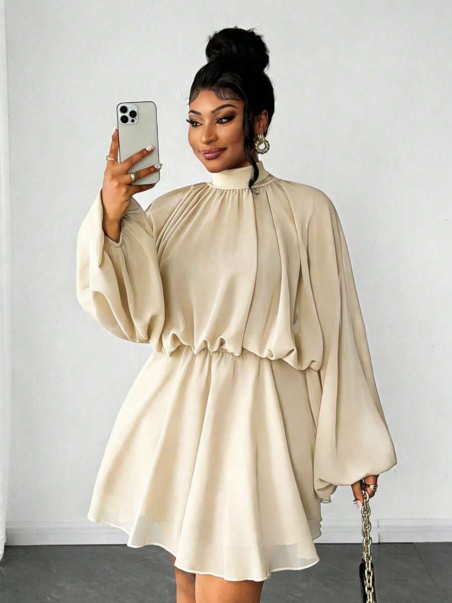 Maweii Vestido de moda de manga farol con cuello alto de unicolor para mujer de talla grande - Albaricoque - Ver 1