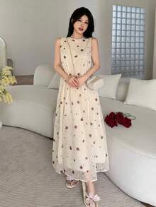 Feyla Đầm nữ cổ tròn in hoa, không tay, dáng dài ngang gối - Nhiều màu - Xem 4