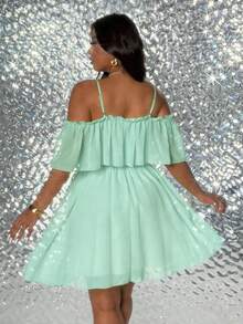 Viva Relle Plus Size Women Solid Color Off-Shoulder Ruffle Hem Fashionable Party Dress - Mint Green - View 6