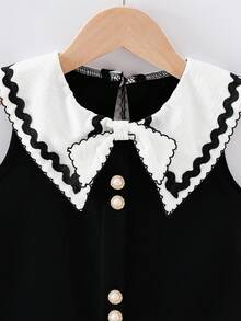 Elladie kids Girls' Elegant Sweet Lady Style Ruffle Trim Square Bow Collar Pearl Button Sleeveless Dress, Suitable For Spring/Summer Party & Gathering - Black and White - View 5