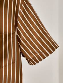 SHEIN Tween Girls Casual Striped Shirt & Pants T-Shirt Set, Suitable For Vacation, Outing, School, Style - Brown - View 5