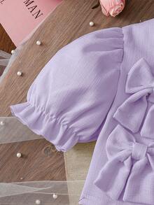 Young Girl Puff Sleeve Jacket With 3D Bow Decor, Paired With Sleeveless Dress, Elegant For Daily, Work, Party - Mauve Purple - View 7