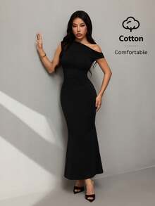 SHEIN PETITE 不对称超长鱼尾连衣裙，舒适棉质面料，适合夏季日常约会、旅行、派对、优雅女士外出、夜店活动、宴会等场合。 - 黑色 - 查看 7