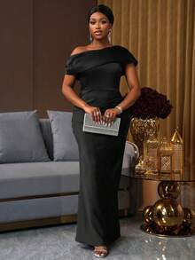 SHEIN Ladiora Women's Off-Shoulder Brown Satin Pleated Maxi Fitted Dress - Black - View 5