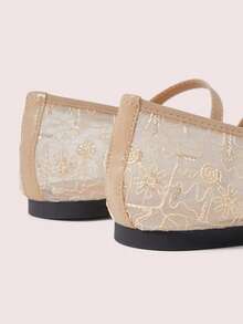 CUCCOO DOLLMOD Zapatos de mujer tipo Mary Jane con diseño de flor bordado en malla de color albaricoque, decoración de lazo lindo, suela baja, transpirable, material de malla de hilo adecuado para uso primavera y verano - Albaricoque - Ver 4