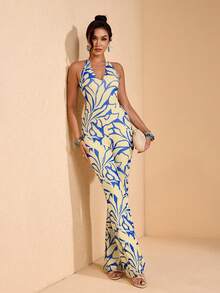 JIAN LASALA All-Over Print Mesh V Neckline Halter Tie Backless Women Flared Leg Jumpsuit Summer Vacation - Multicolor - View 6