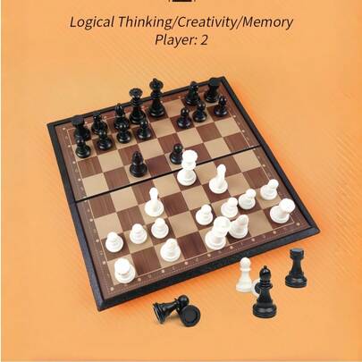 专业折叠式国际象棋棋盘套装，精美礼盒包装，便携式桌面游戏，适用于跳棋和国际象棋策略，可模拟33种不同场景。