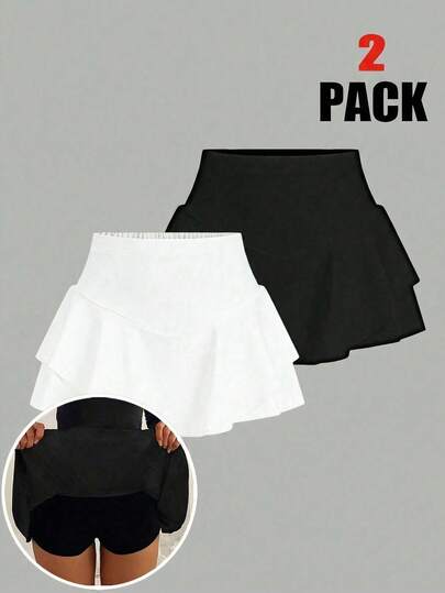 SHEIN Girlism Set de 2 shorts leggings casuales antidestellos para adolescentes, negro y blanco