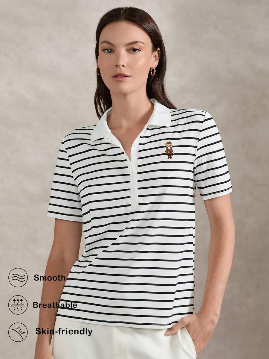 Briarwyn 女士条纹卡通刺绣休闲百搭通勤短袖Polo衫，夏季女装，春季女装，夏季度假装，情人节，圣帕特里克节女装，海滩度假装，外出装，女士Polo衫，女士高尔夫T恤，女士高级上衣，女士航海服，女士品牌服装，女士短袖上衣，女士夏季衬衫，女士工作上衣 - 彩色 - 查看 1