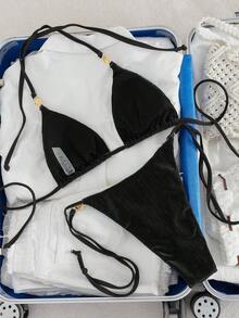 Swim Vcay 女士两件式泳衣套装，性感挂脖系带纹理面料，优雅简约设计，适合海滩度假，春夏皆宜 - 黑色 - 查看 2