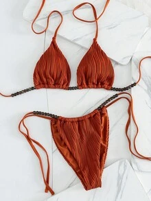 Aveloria Modichic Women's Elegant Beaded Halter Top And Low-Waist Thong Bikini Set, Textured 2-Piece Swimwear Beaded Bikini Triangl Bikini Bikini 2 Pieces Set - Rust Brown - View 5