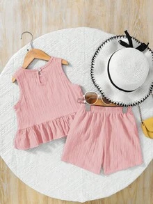 SHEIN 2 pezzi Set di top senza maniche a girocollo e pantaloncini larghi in tinta unita per ragazze giovani - Rosa - Visualizzare 2