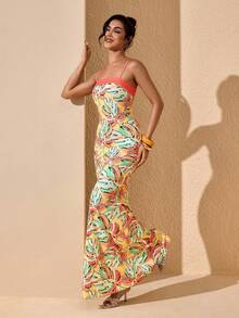 JIAN LASALA Summer Tropical Print Spaghetti Strap Women Bodycon Maxi Dress Elegant Vacation Casual Romantic - Multicolor - View 5