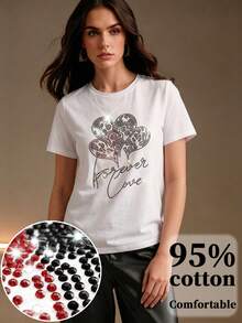Anewsta Women's Elegant Casual Fashionable Rhinestone Embellished T-Shirt, Suitable For Commuting - White - View 4