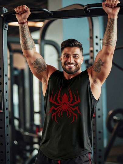 GymBeat Men's Spider Print Round Neck Black Summer Sports Tank Top