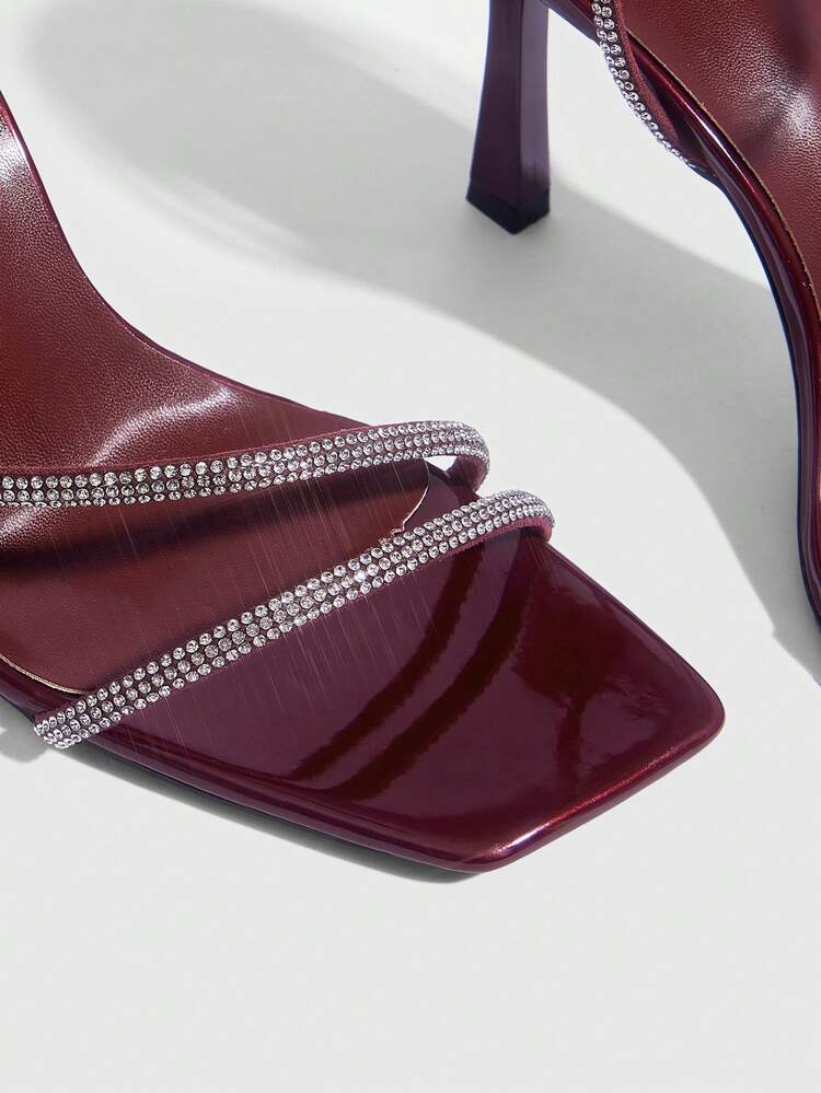 CUCCOO SZL Women Shoes Spring And Summer New Burgundy Rhinestone Belt Ankle Strap Women's High-Heeled Sandals Simple Fashion Comfortable Versatile Sexy Party Women's Sandals Women's Shoes Prom Heels