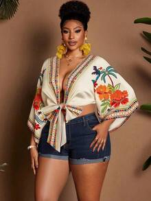 Maweii 大码女式度假印花露背系带蝴蝶结沙滩休闲短款衬衫 - 彩色 - 查看 2