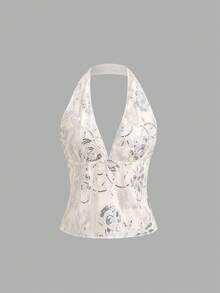 Elamini 性感露背亮片刺绣吊带背心，时尚夏季度假风 - 銀色 - 查看 1