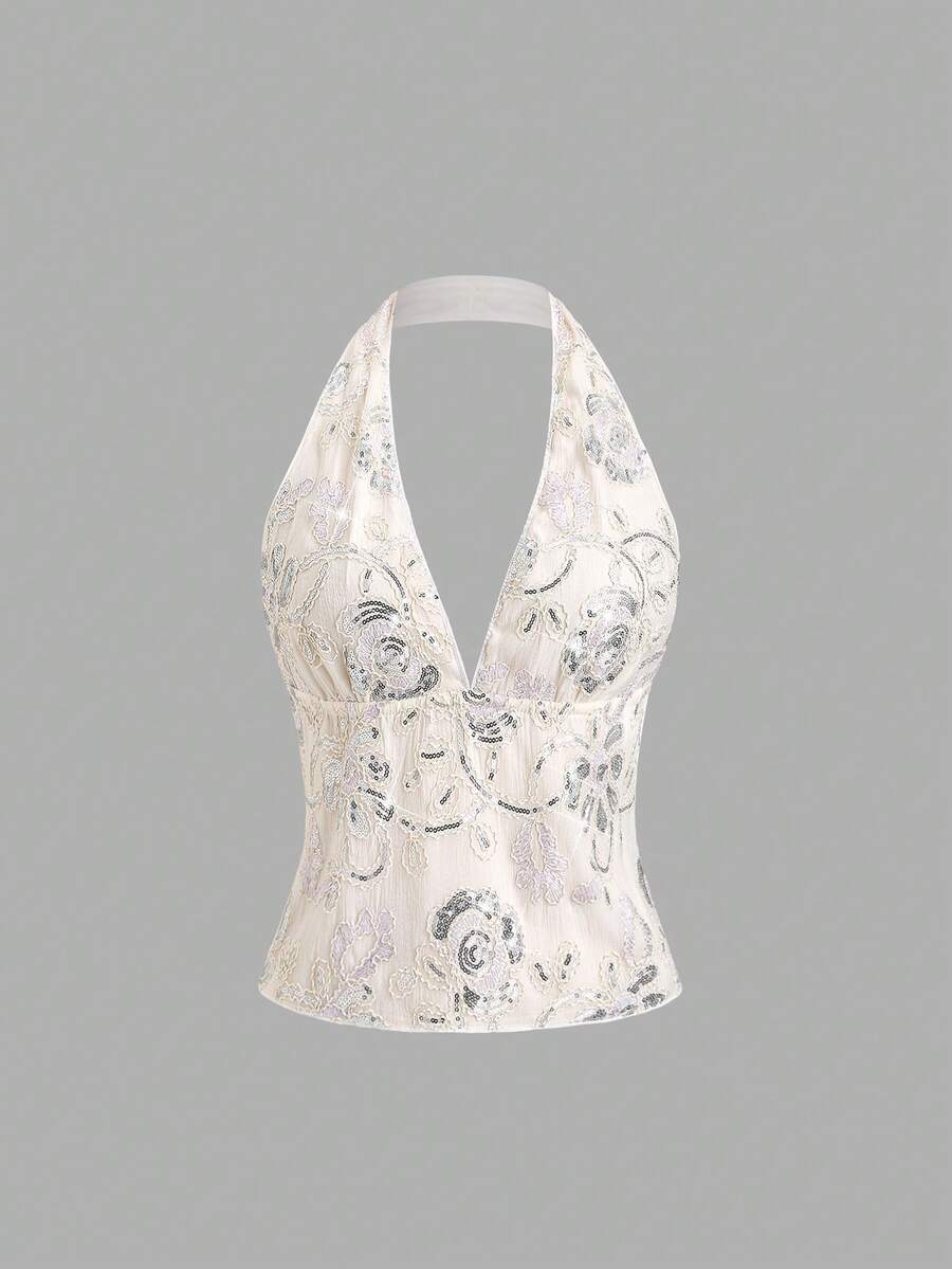 Elamini 性感露背亮片刺绣吊带背心，时尚夏季度假风 - 銀色 - 查看 1