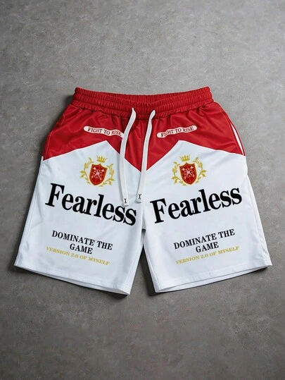 ROMWE MEN Men's Contrast Color Patchwork Letter Print Sports Shorts