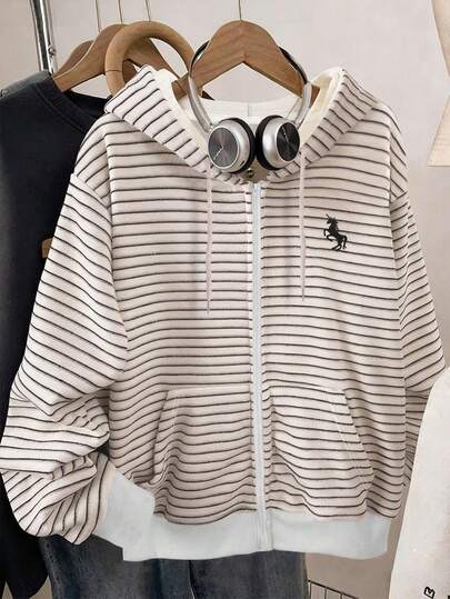 Sudadera clásica de mujer con estampado de rayas, diseño elegante con estampado de caballo, chaqueta casual de corte holgado, adecuada para la escuela, la oficina, uso cómodo, otoño