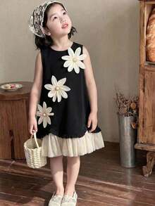 SHEIN Elladie kids 女童3D珍珠花朵网纱不对称下摆优雅连衣裙，春夏款 - 黑色 - 查看 5